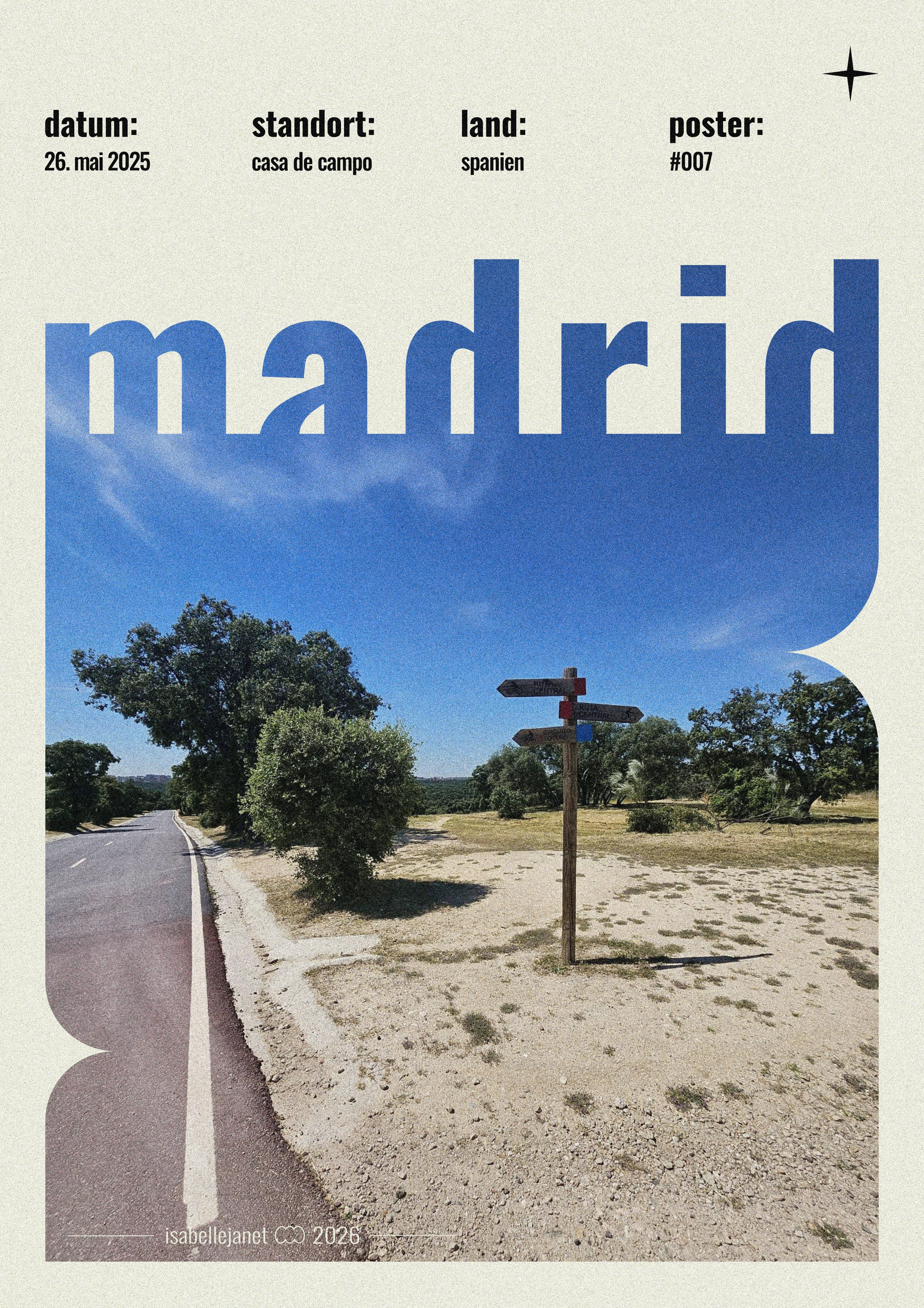 Poster Casa de Campo in Madrid mit Wegweiser und Landschaft