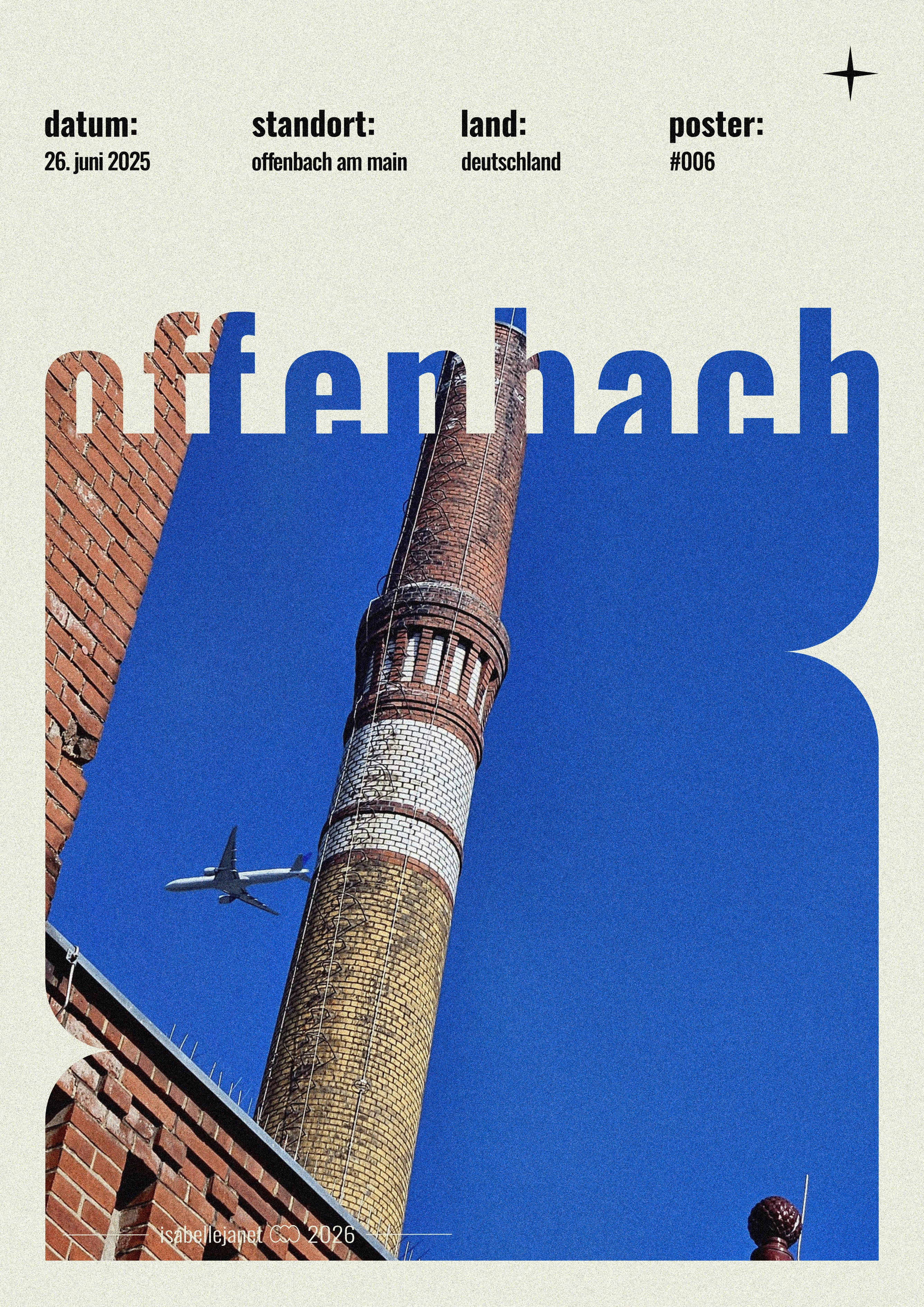 Poster Offenbach am Main mit Industrieschornstein und Flugzeug