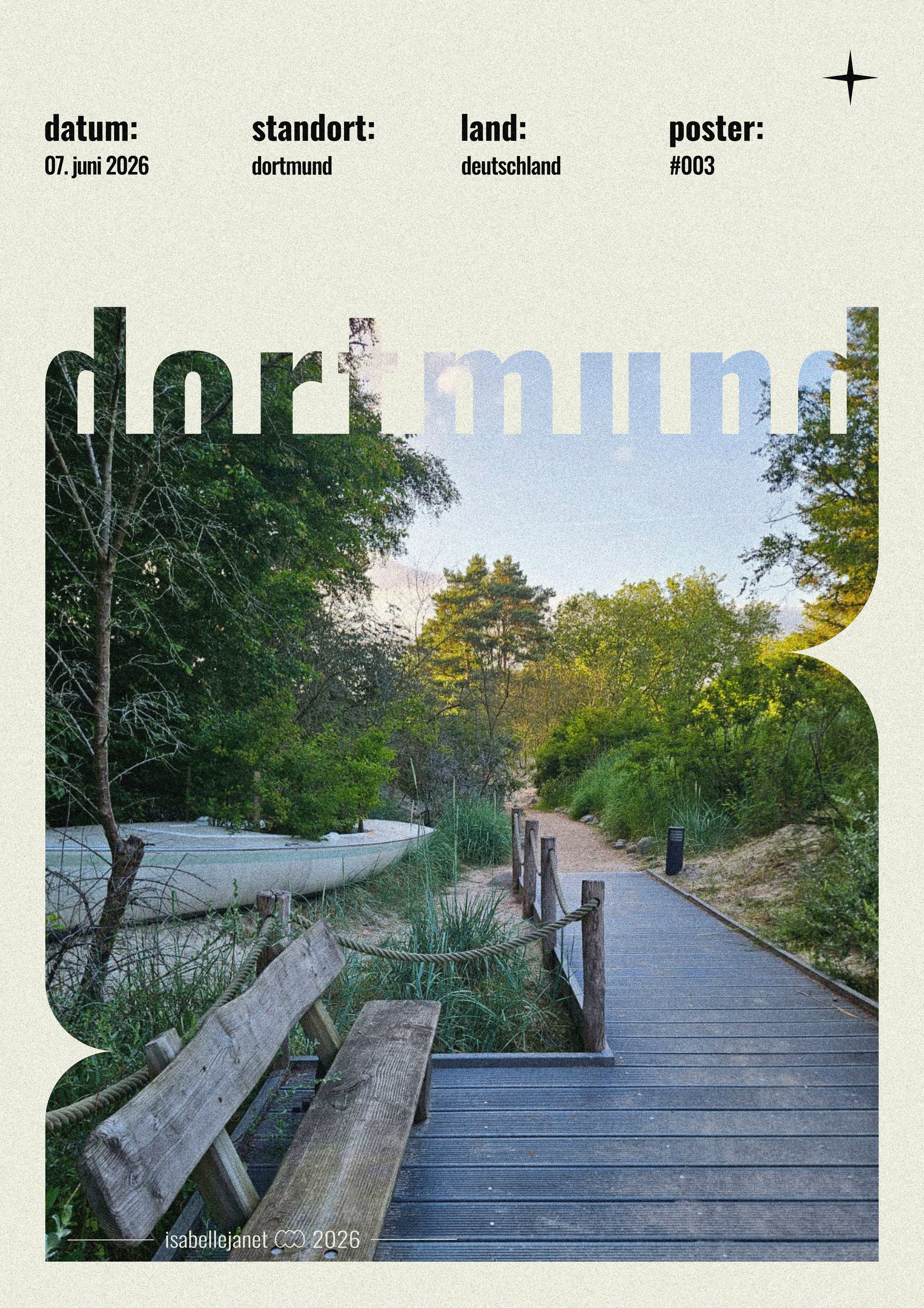 Poster Rombergpark Dortmund mit Waldweg und Bank